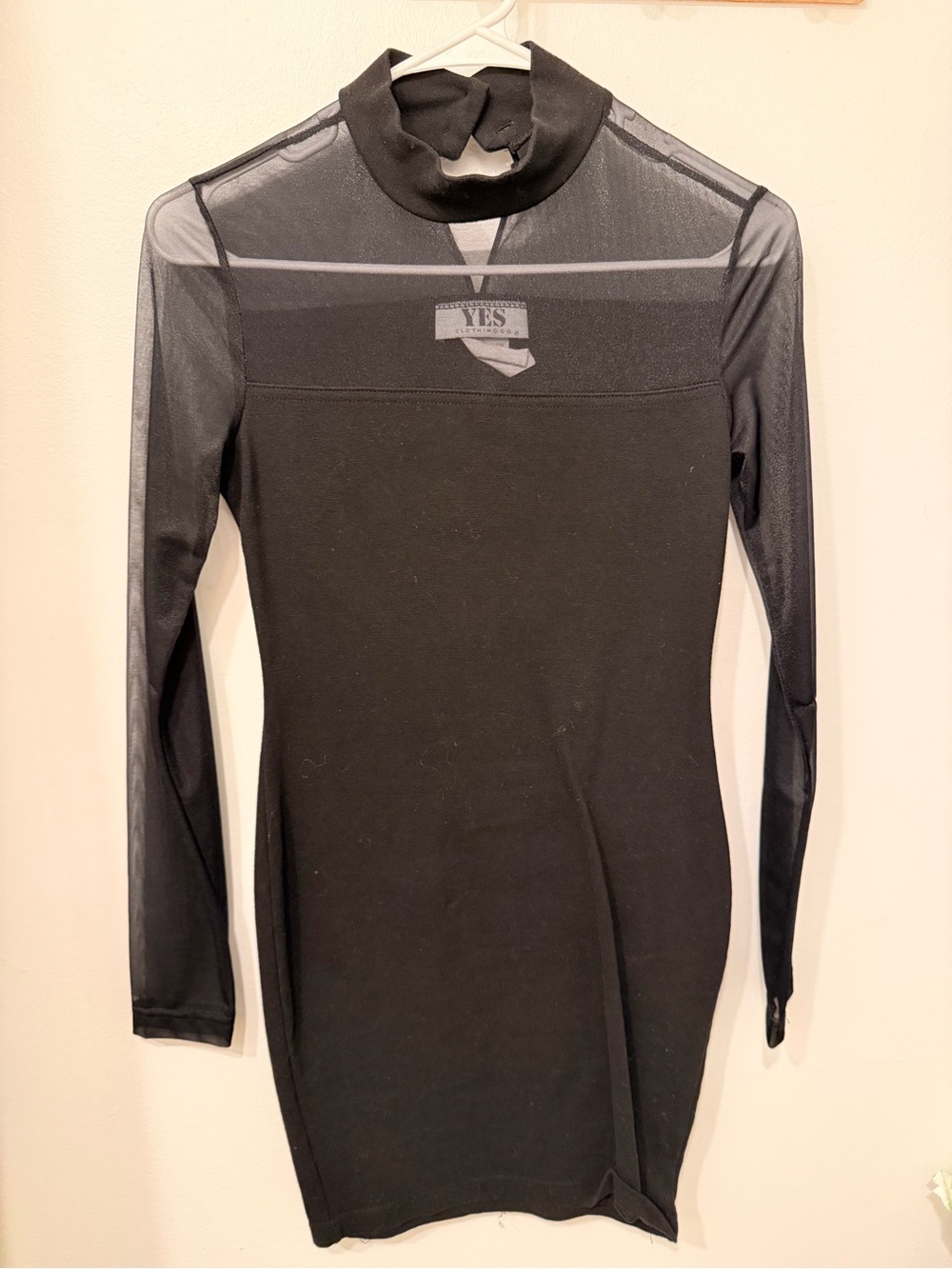 YesStyle Black Sheer-Yoke Long Sleeve Mini Dress